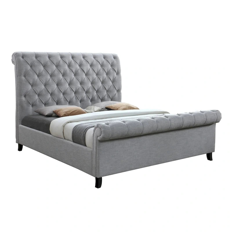 Gray Upholstered Queen Bed with Rolled Tufted Headboard