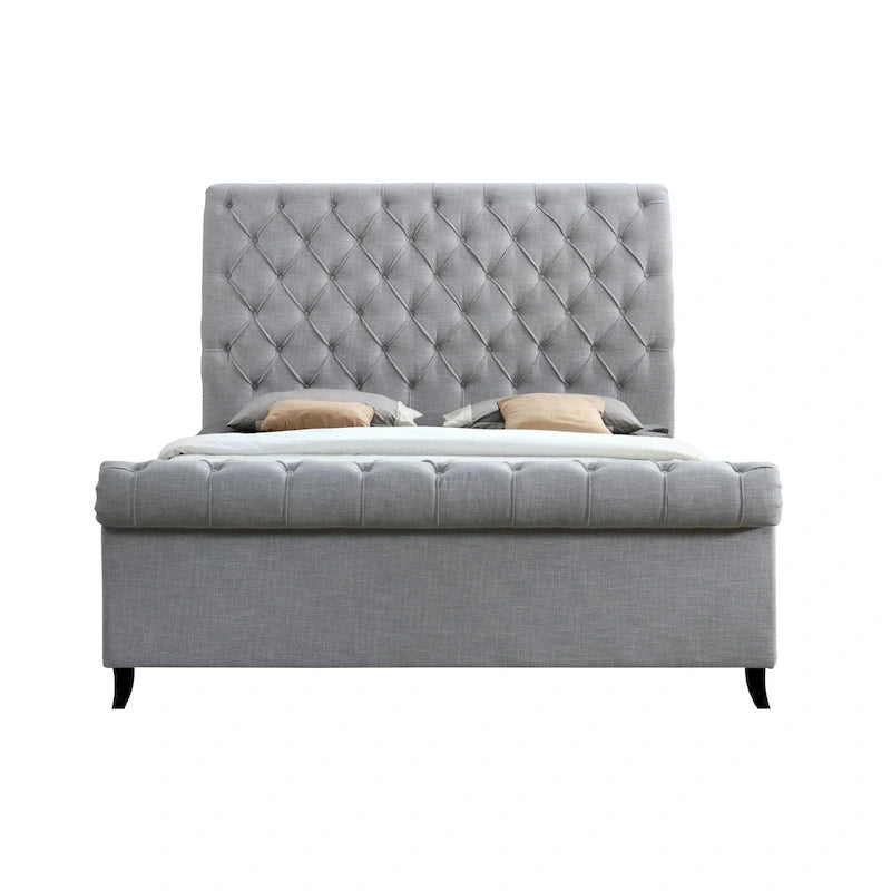 Gray Upholstered Queen Bed with Rolled Tufted Headboard