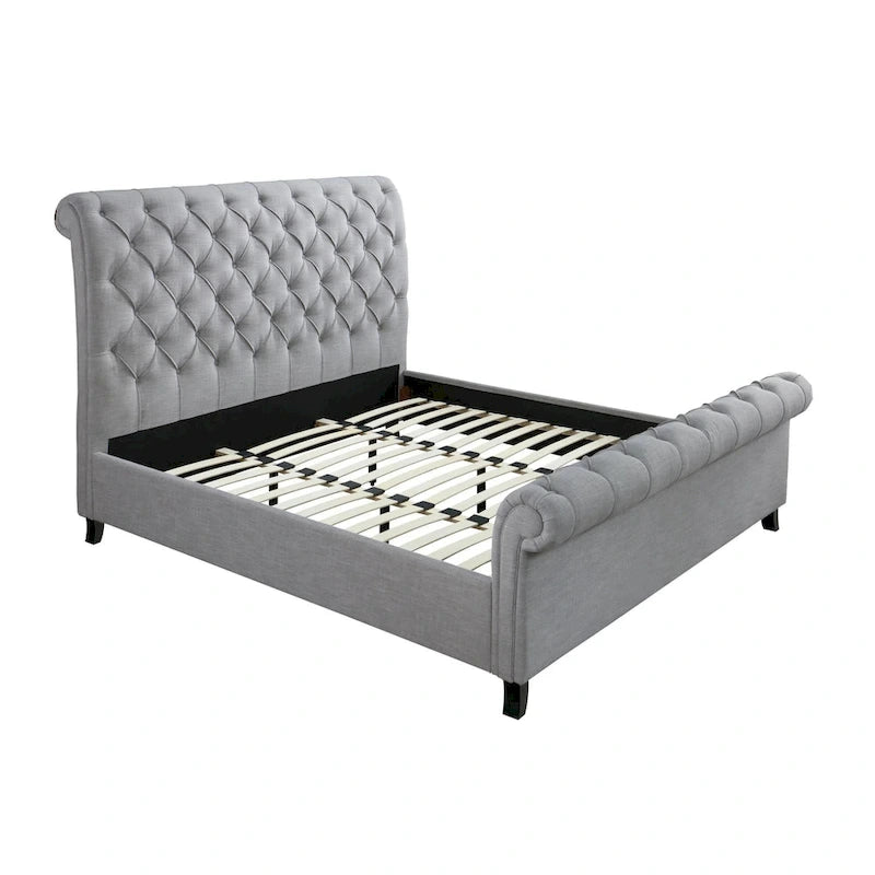 Gray Upholstered Queen Bed with Rolled Tufted Headboard