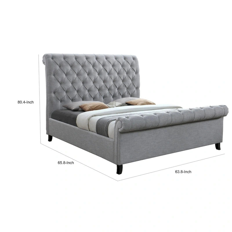Gray Upholstered Queen Bed with Rolled Tufted Headboard