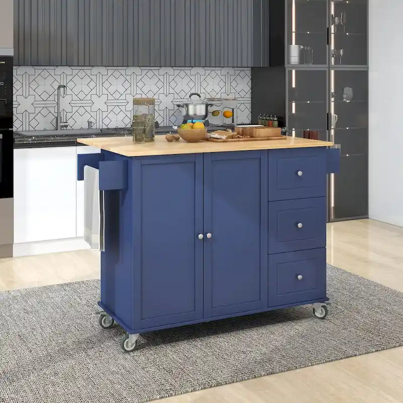 52.7-Inch Rolling Kitchen Island with Drop Leaf and Storage