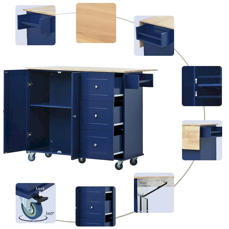52.7-Inch Rolling Kitchen Island with Drop Leaf and Storage