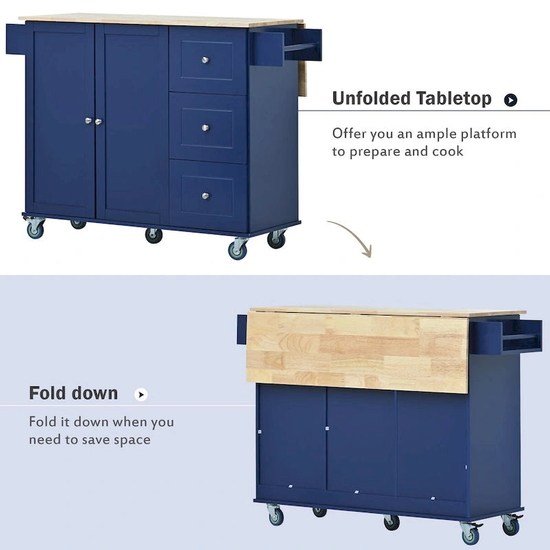 52.7-Inch Rolling Kitchen Island with Drop Leaf and Storage