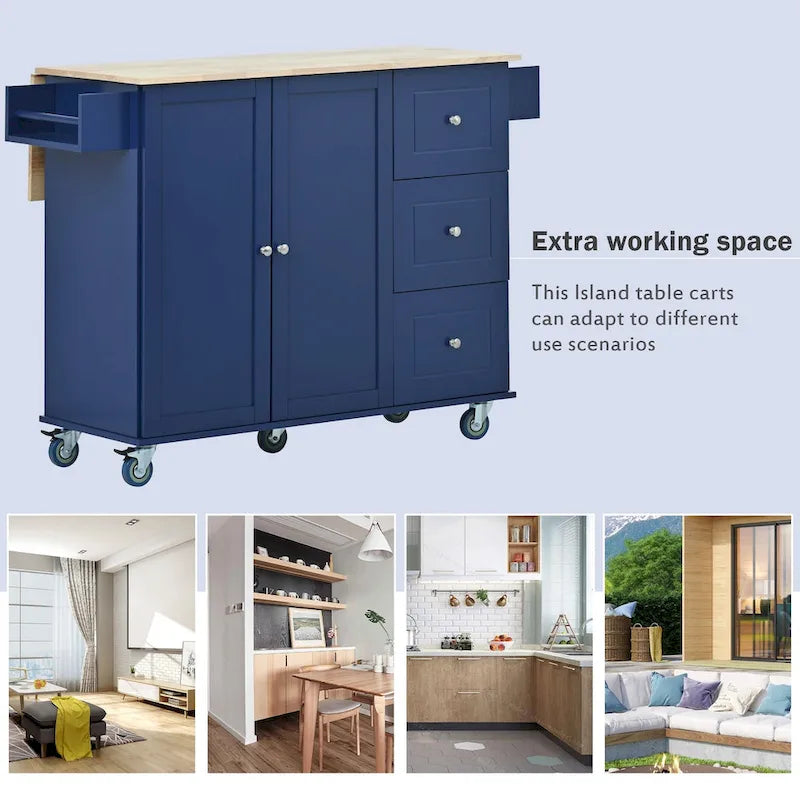 52.7-Inch Rolling Kitchen Island with Drop Leaf and Storage