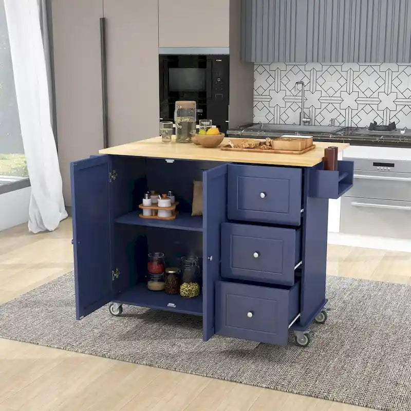 52.7-Inch Rolling Kitchen Island with Drop Leaf and Storage