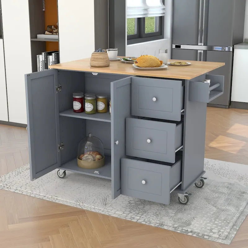 52.7-Inch Rolling Kitchen Island with Drop Leaf and Storage