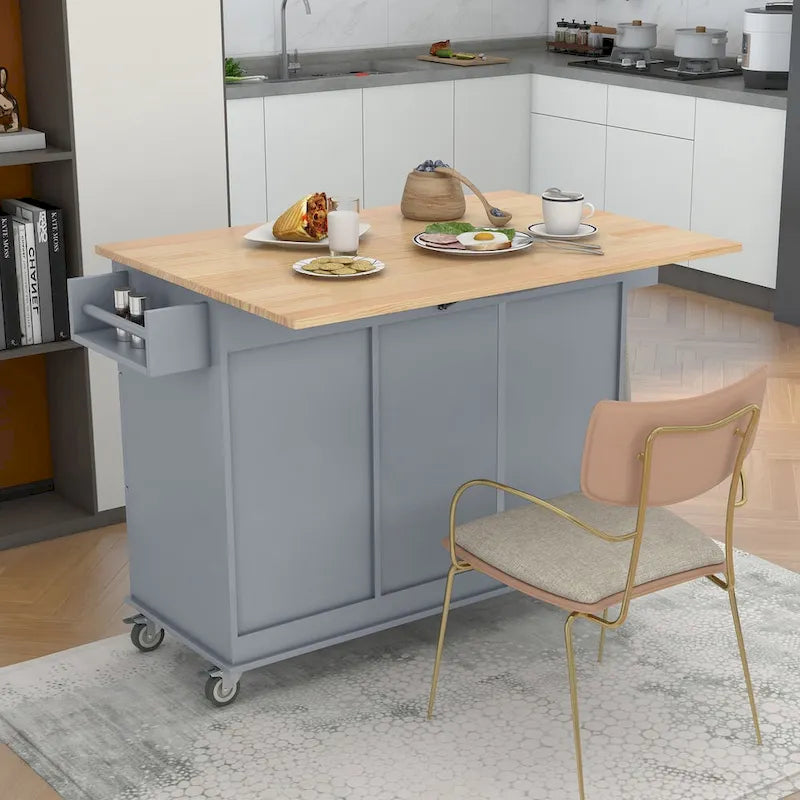 52.7-Inch Rolling Kitchen Island with Drop Leaf and Storage