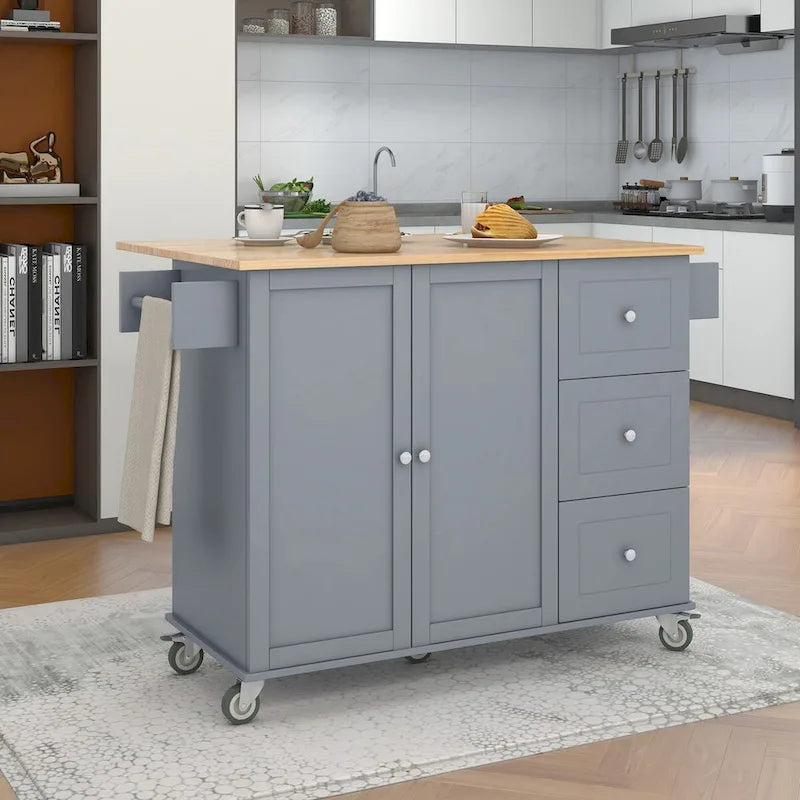 52.7-Inch Rolling Kitchen Island with Drop Leaf and Storage
