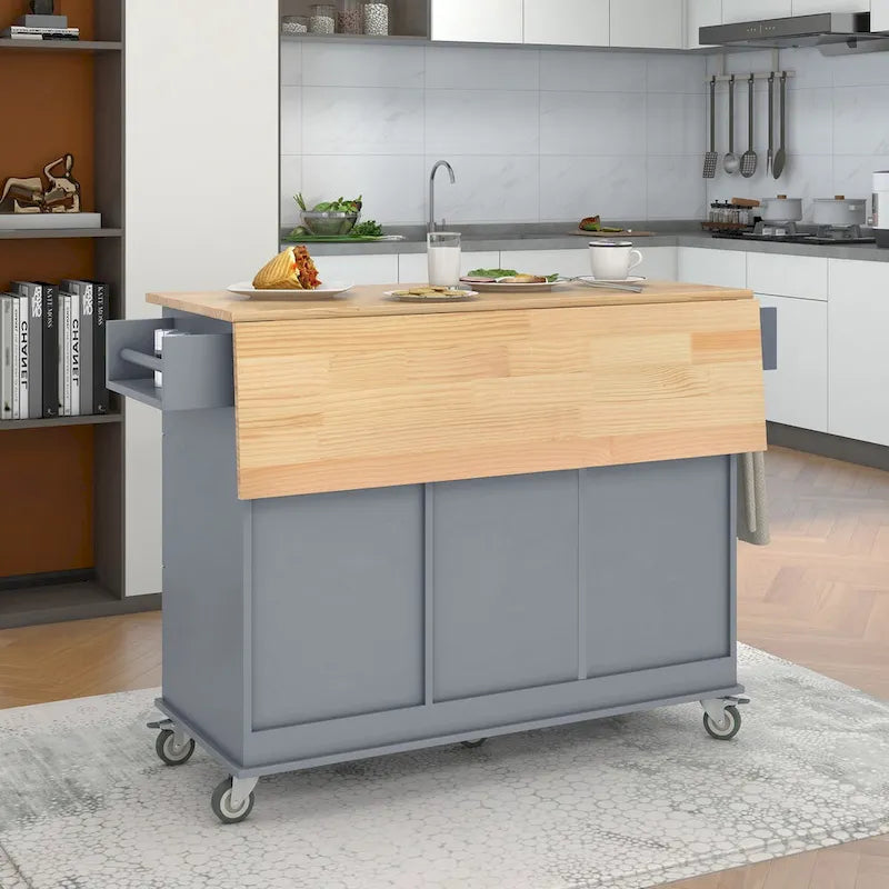52.7-Inch Rolling Kitchen Island with Drop Leaf and Storage