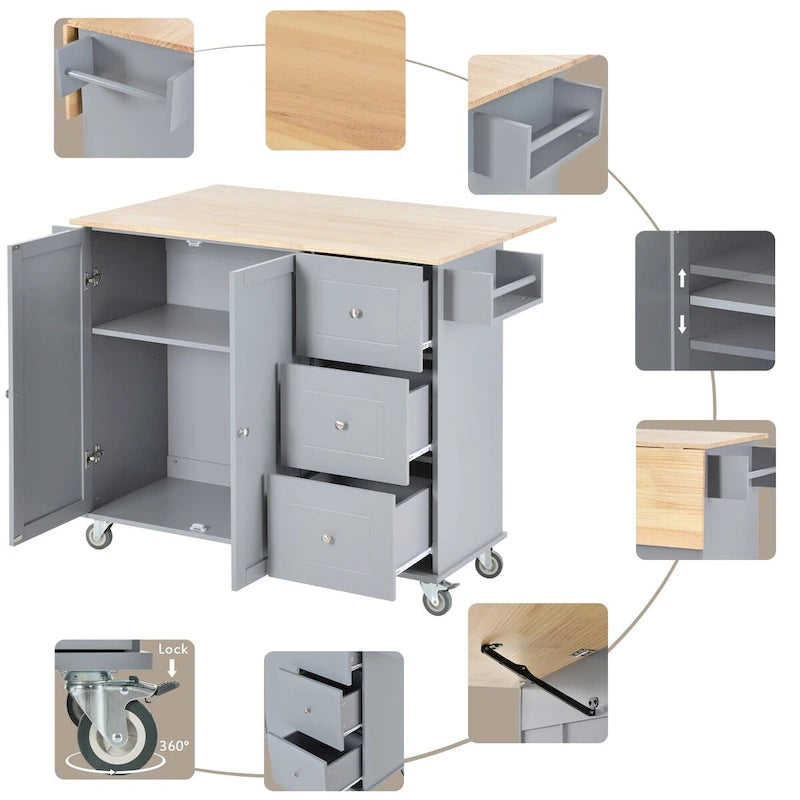 52.7-Inch Rolling Kitchen Island with Drop Leaf and Storage