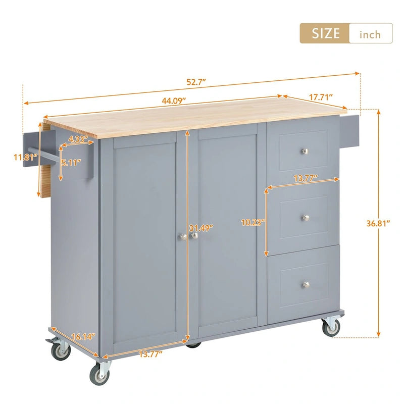 52.7-Inch Rolling Kitchen Island with Drop Leaf and Storage