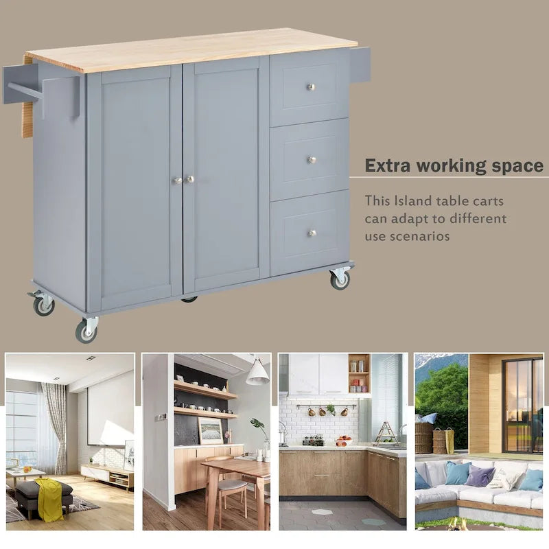 52.7-Inch Rolling Kitchen Island with Drop Leaf and Storage