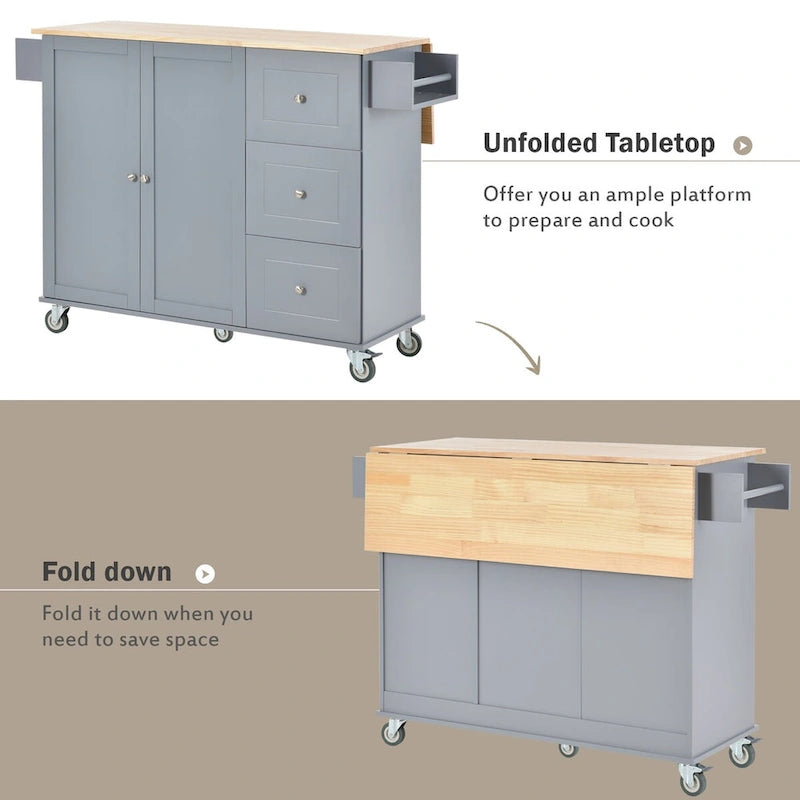 52.7-Inch Rolling Kitchen Island with Drop Leaf and Storage