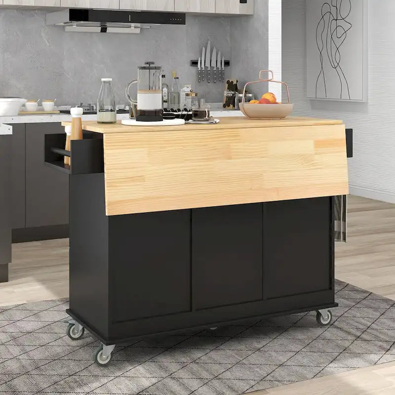 52.7-Inch Rolling Kitchen Island with Drop Leaf and Storage
