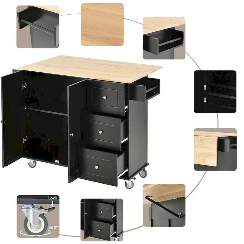 52.7-Inch Rolling Kitchen Island with Drop Leaf and Storage