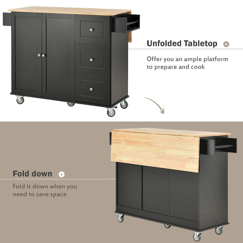 52.7-Inch Rolling Kitchen Island with Drop Leaf and Storage