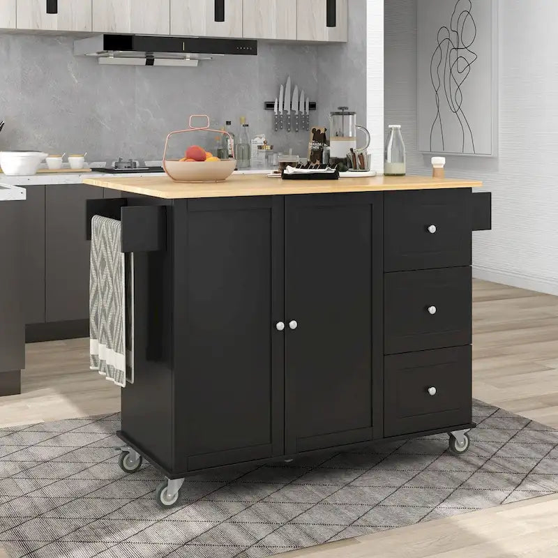 52.7-Inch Rolling Kitchen Island with Drop Leaf and Storage
