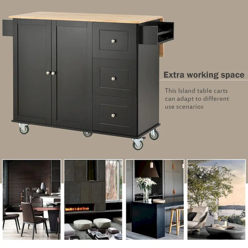 52.7-Inch Rolling Kitchen Island with Drop Leaf and Storage
