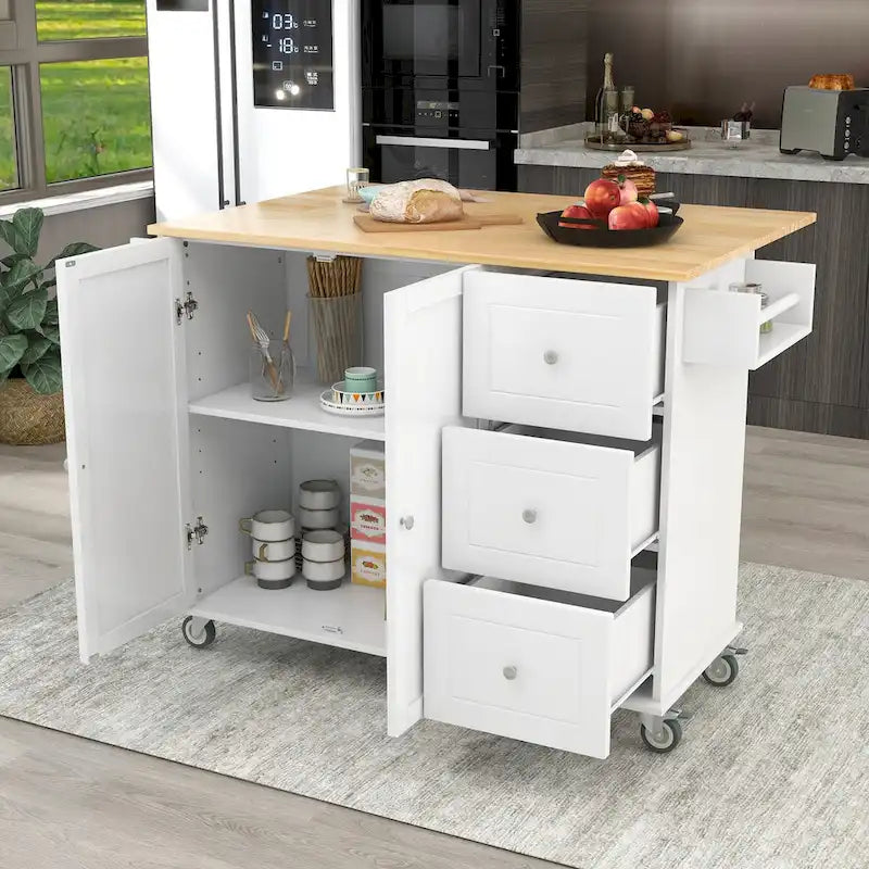 52.7-Inch Rolling Kitchen Island with Drop Leaf and Storage