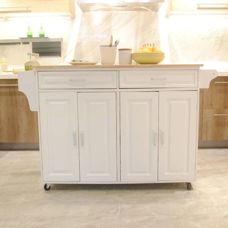 Rolling Kitchen Island Cart with Rubberwood Top and Adjustable Shelf