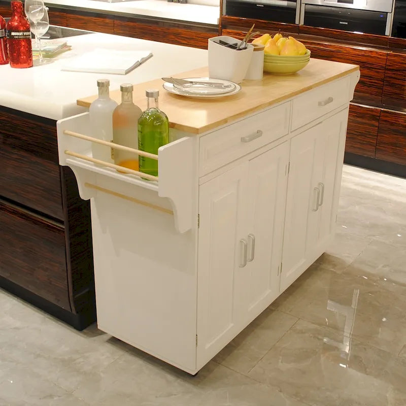 Rolling Kitchen Island Cart with Rubberwood Top and Adjustable Shelf