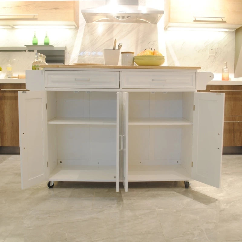 Rolling Kitchen Island Cart with Rubberwood Top and Adjustable Shelf