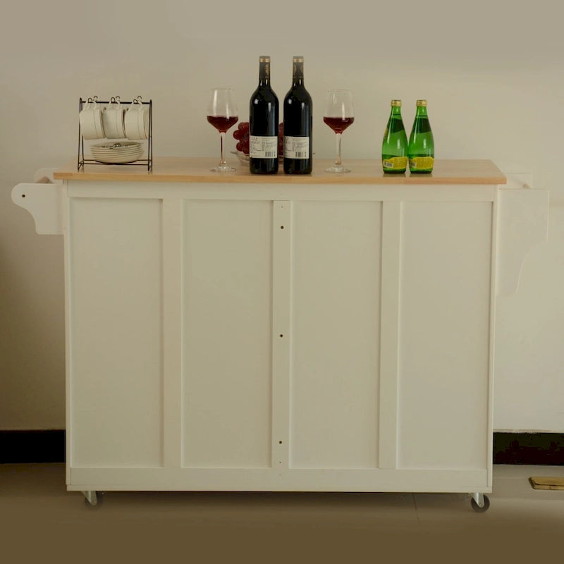 Rolling Kitchen Island Cart with Rubberwood Top and Adjustable Shelf