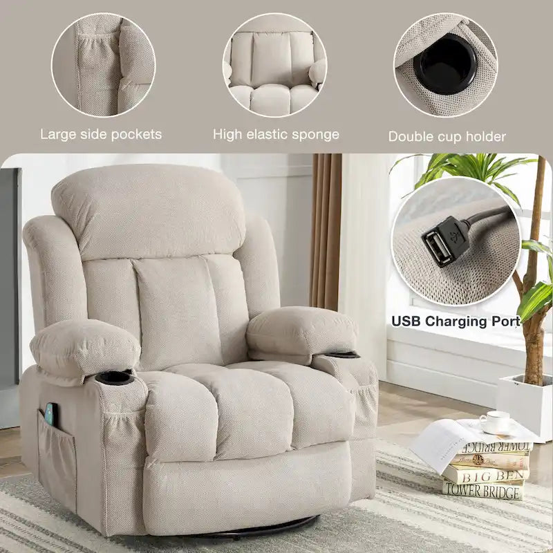 Manual Swivel Recliner Chair with Massage and Heat