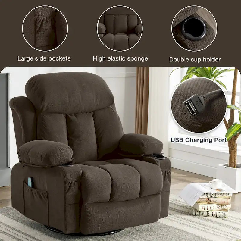 Manual Swivel Recliner Chair with Massage and Heat