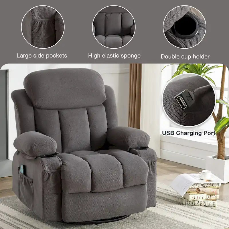 Manual Swivel Recliner Chair with Massage and Heat