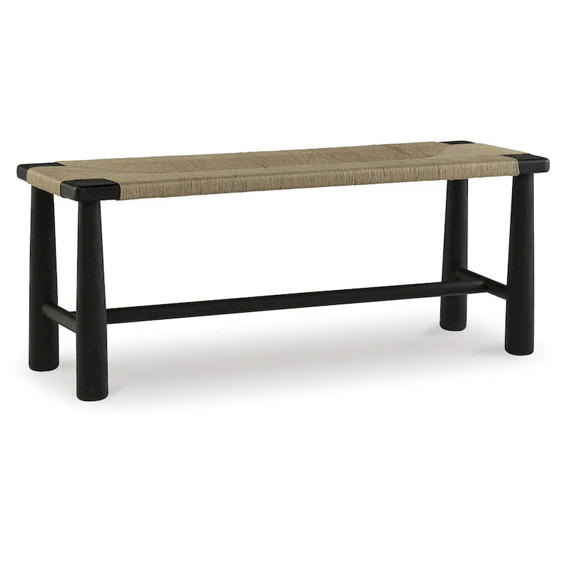 Black Wood Accent Bench with Natural Woven Jute Seat