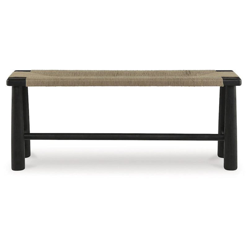 Black Wood Accent Bench with Natural Woven Jute Seat