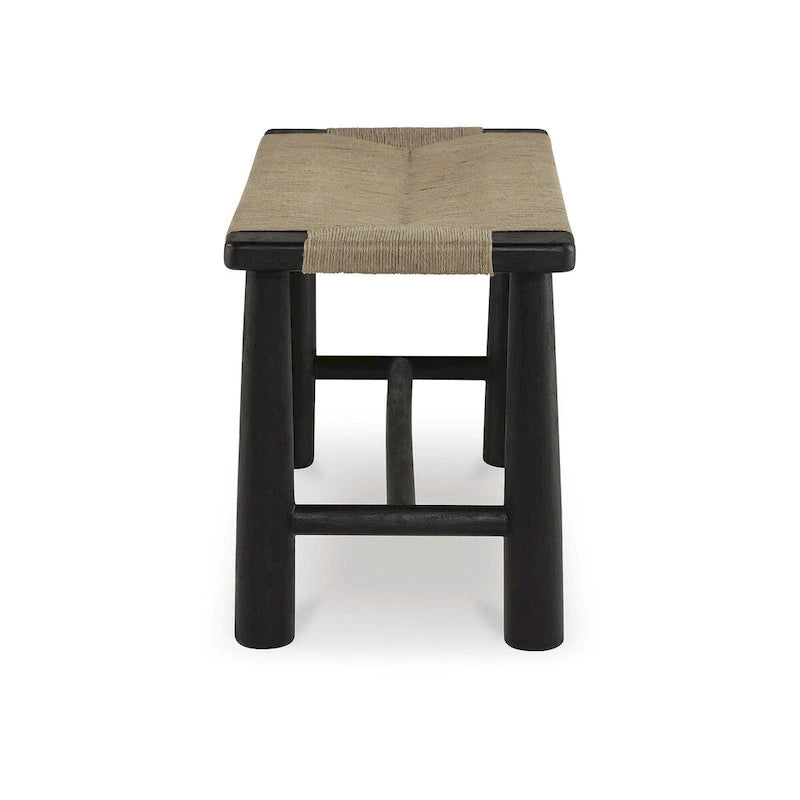 Black Wood Accent Bench with Natural Woven Jute Seat
