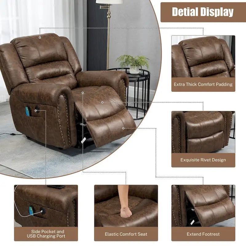 Oversized Faux Leather Power Lift Recliner with Massage and Heat