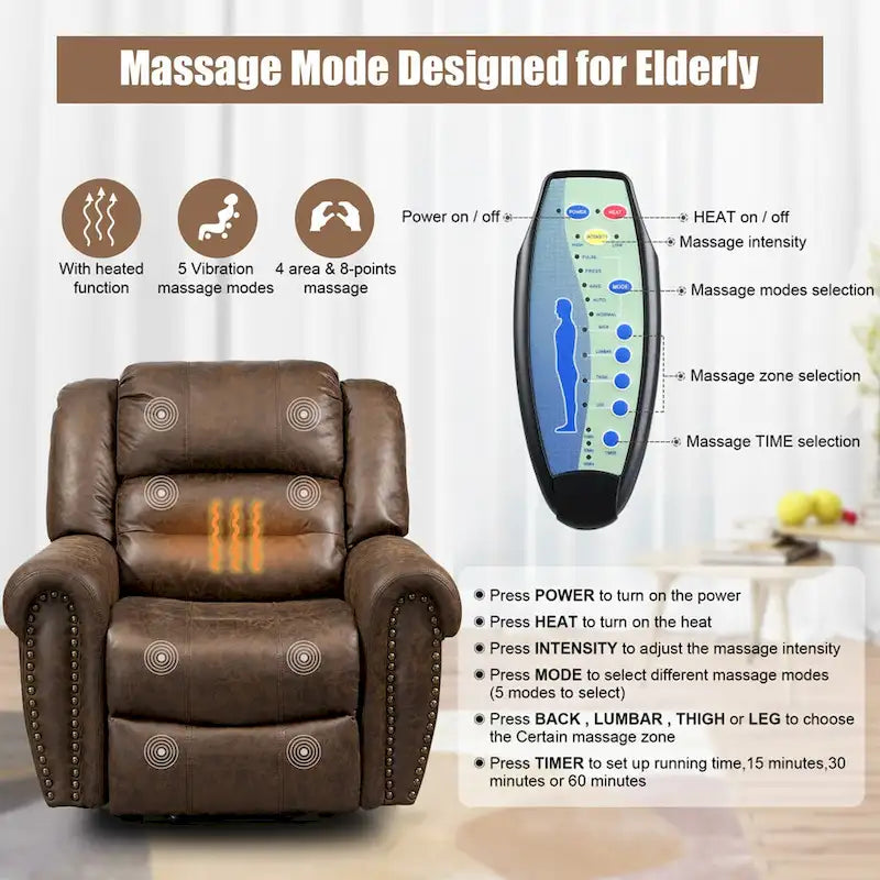 Oversized Faux Leather Power Lift Recliner with Massage and Heat