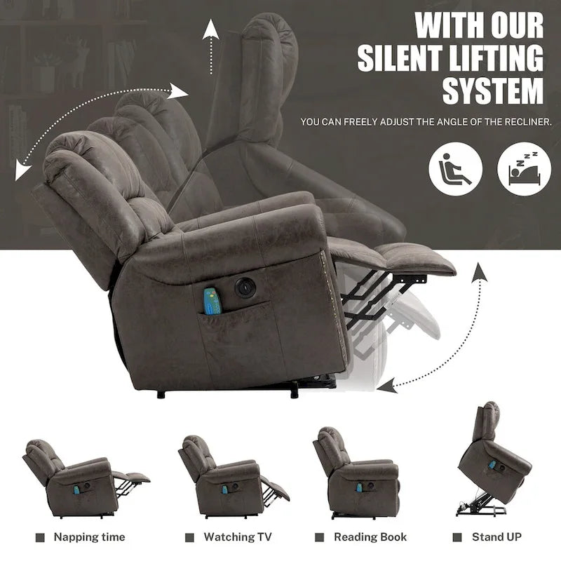 Oversized Faux Leather Power Lift Recliner with Massage and Heat