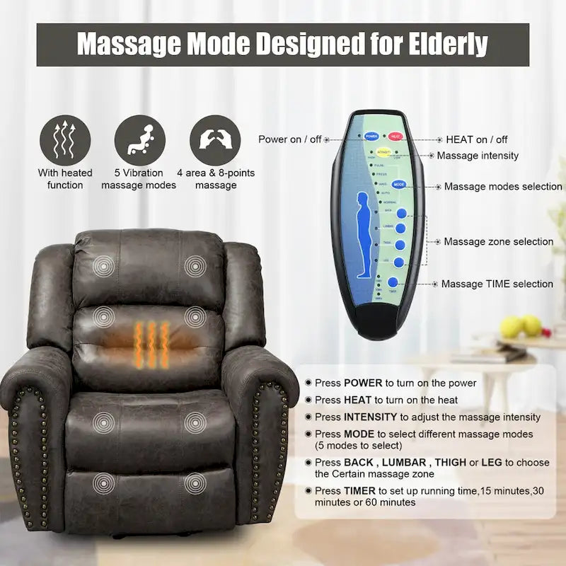 Oversized Faux Leather Power Lift Recliner with Massage and Heat