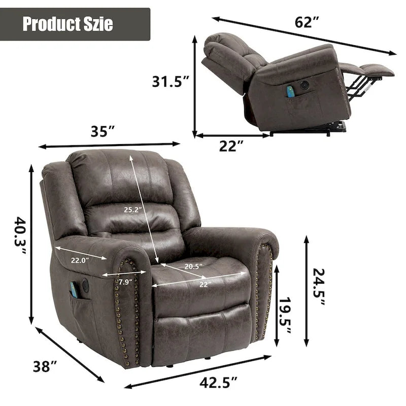 Oversized Faux Leather Power Lift Recliner with Massage and Heat