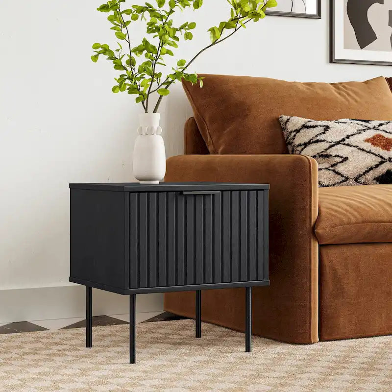Black Fluted Side Table with Drawer