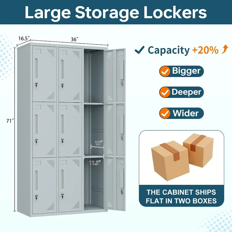9-Door Steel Storage Locker, 3-Tier and 3-Wide