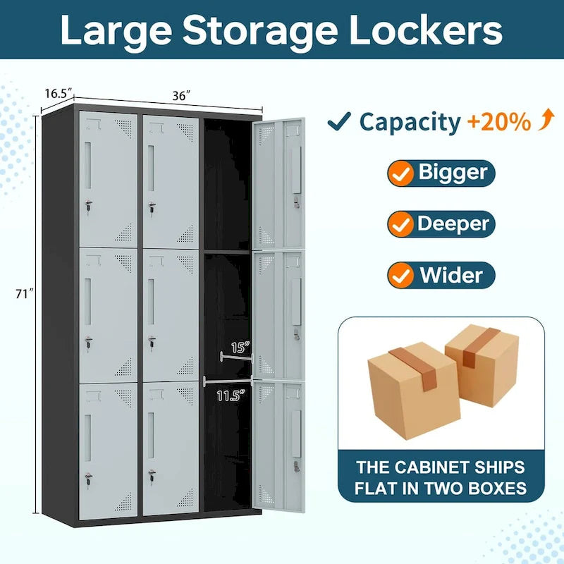 9-Door Steel Storage Locker, 3-Tier and 3-Wide