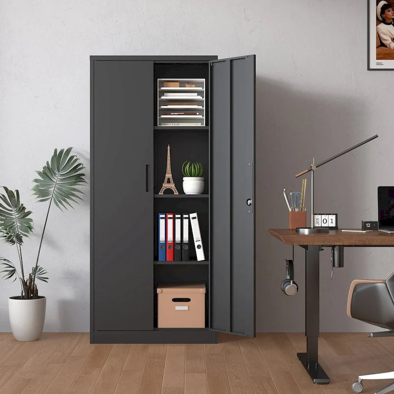Black Steel Garage Storage Cabinet with Locking Doors and 3 Adjustable Shelves