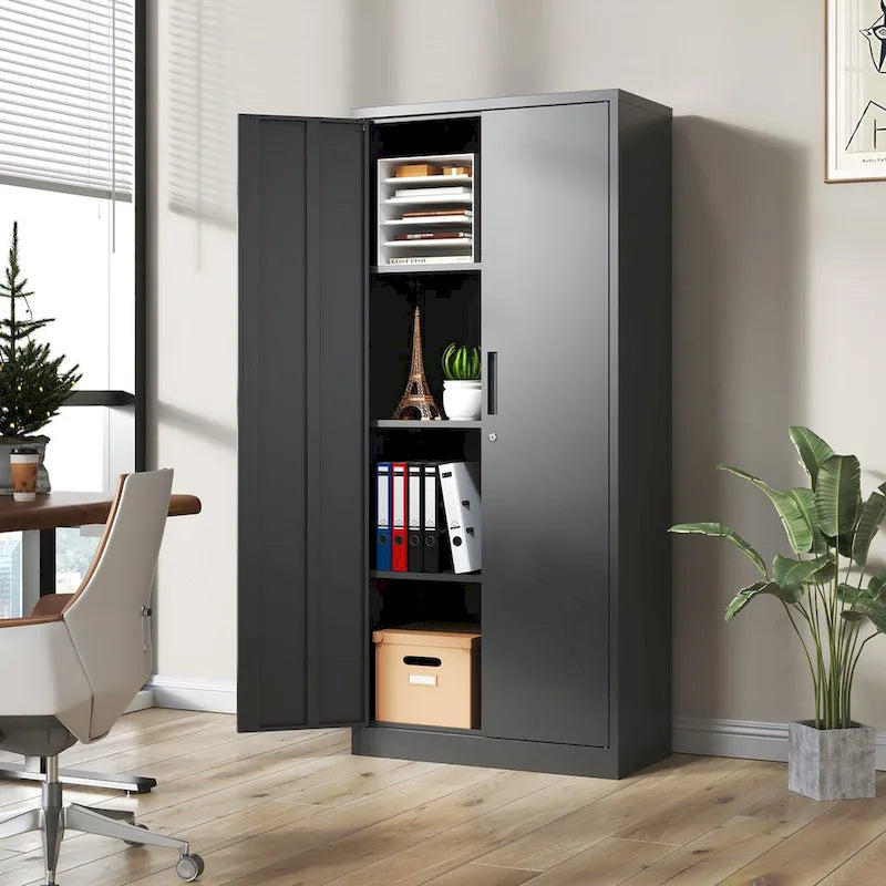 Black Steel Garage Storage Cabinet with Locking Doors and 3 Adjustable Shelves
