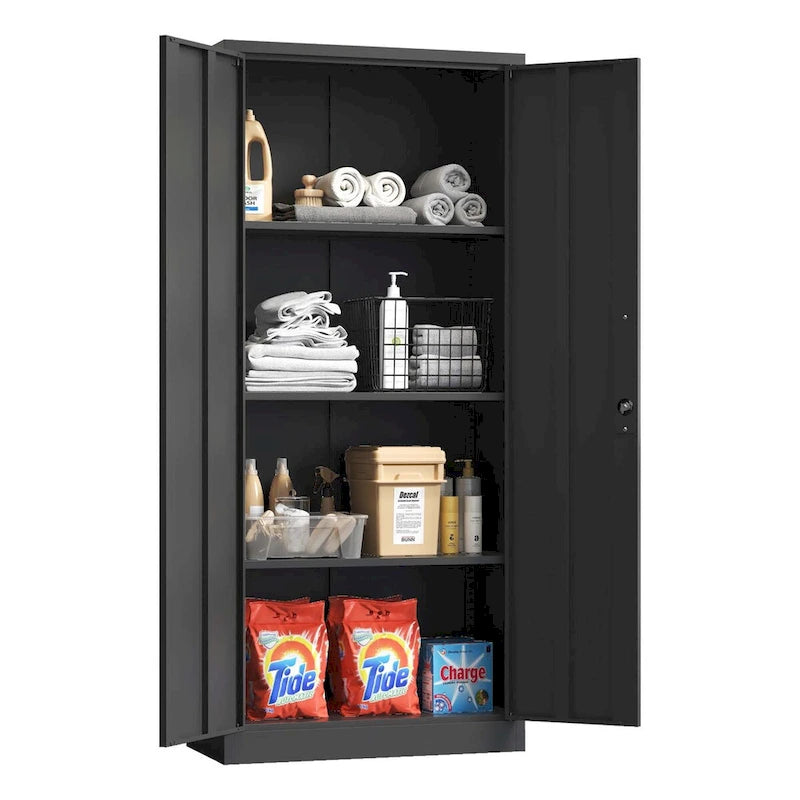 Black Steel Garage Storage Cabinet with Locking Doors and 3 Adjustable Shelves