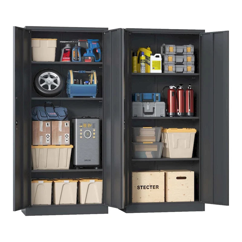 Black Steel Garage Storage Cabinet with Locking Doors and 3 Adjustable Shelves