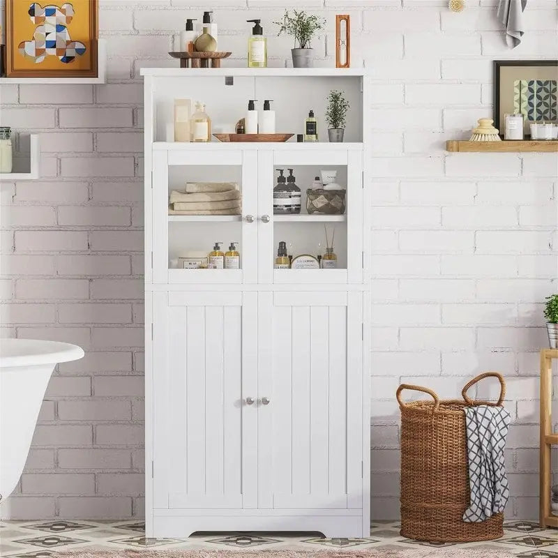 Bathroom Storage Cabinet with Glass Doors and Adjustable Shelves