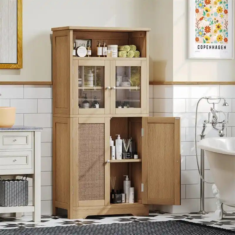 Bathroom Storage Cabinet with Glass Doors and Adjustable Shelves