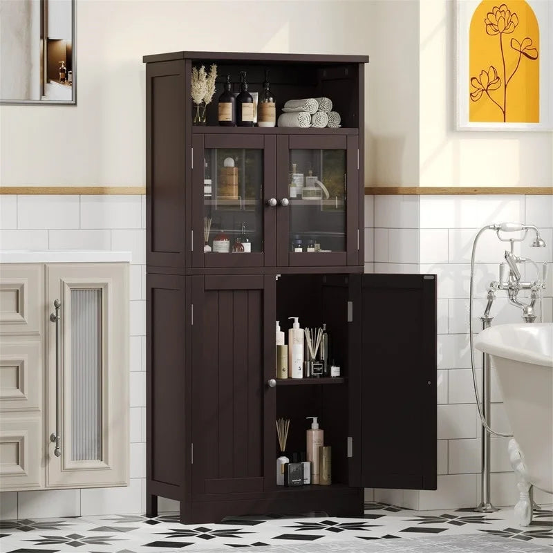 Bathroom Storage Cabinet with Glass Doors and Adjustable Shelves