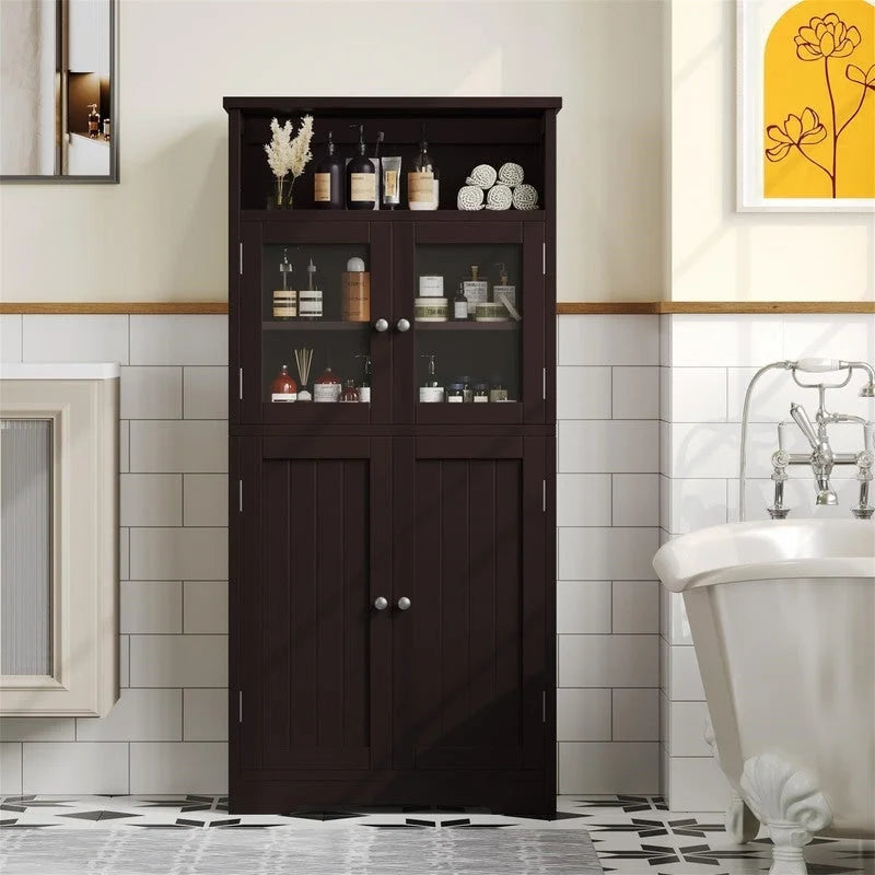 Bathroom Storage Cabinet with Glass Doors and Adjustable Shelves