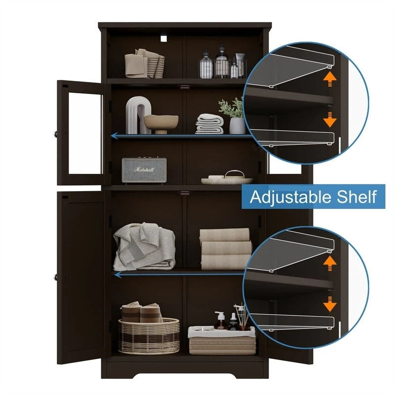 Bathroom Storage Cabinet with Glass Doors and Adjustable Shelves